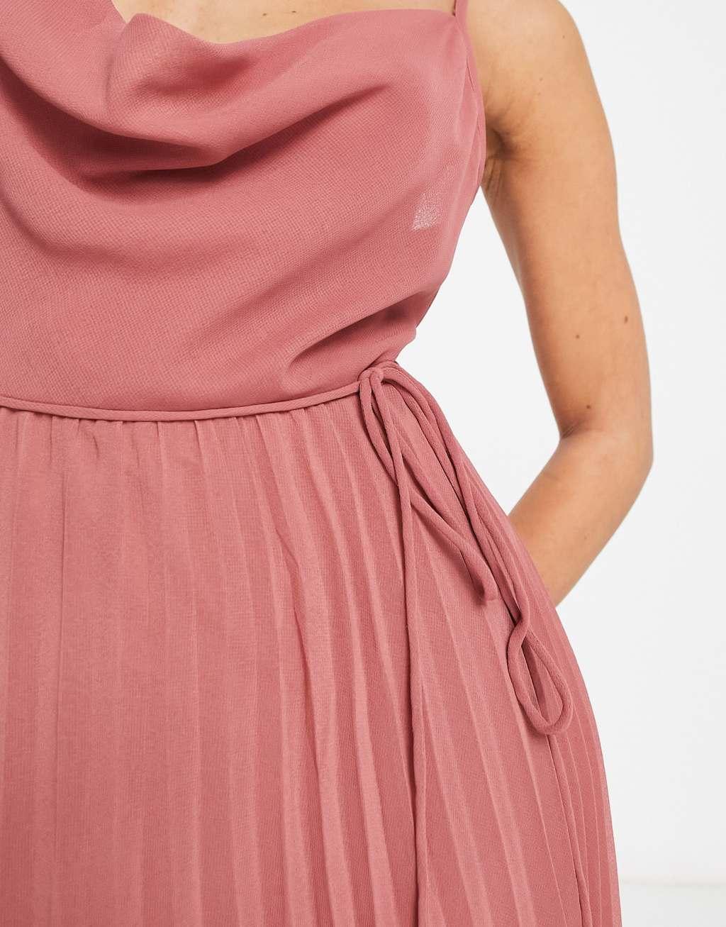 ASOS DESIGN cowl neck strappy pleated midi dress with tie waist in rose pink Product Image