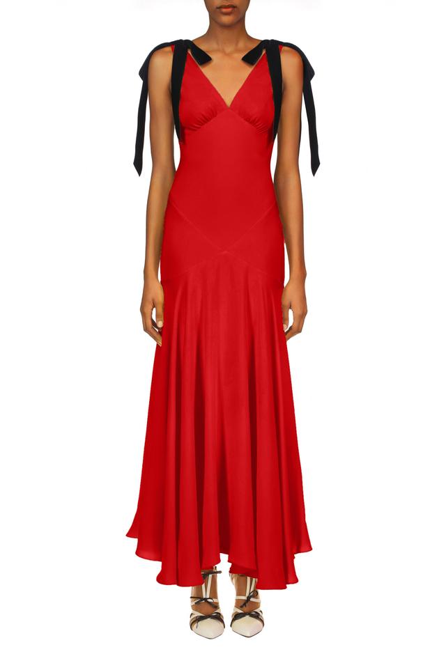 Red Silk Crepe Bias Dress With Black Velvet Ribbon Bow Detail Product Image