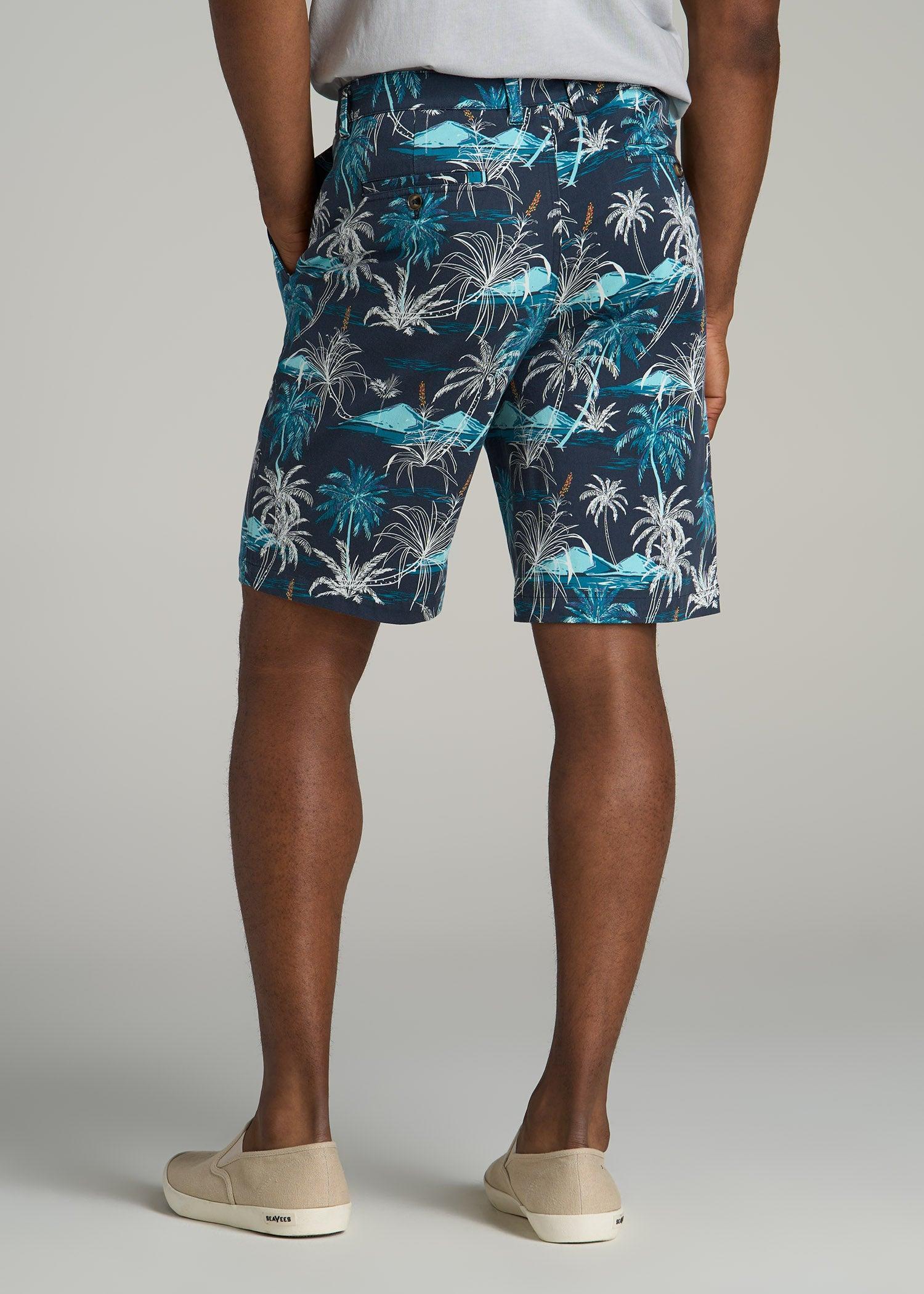 Printed Stretch Cotton Shorts for Tall Men in Blue and White Palms Product Image