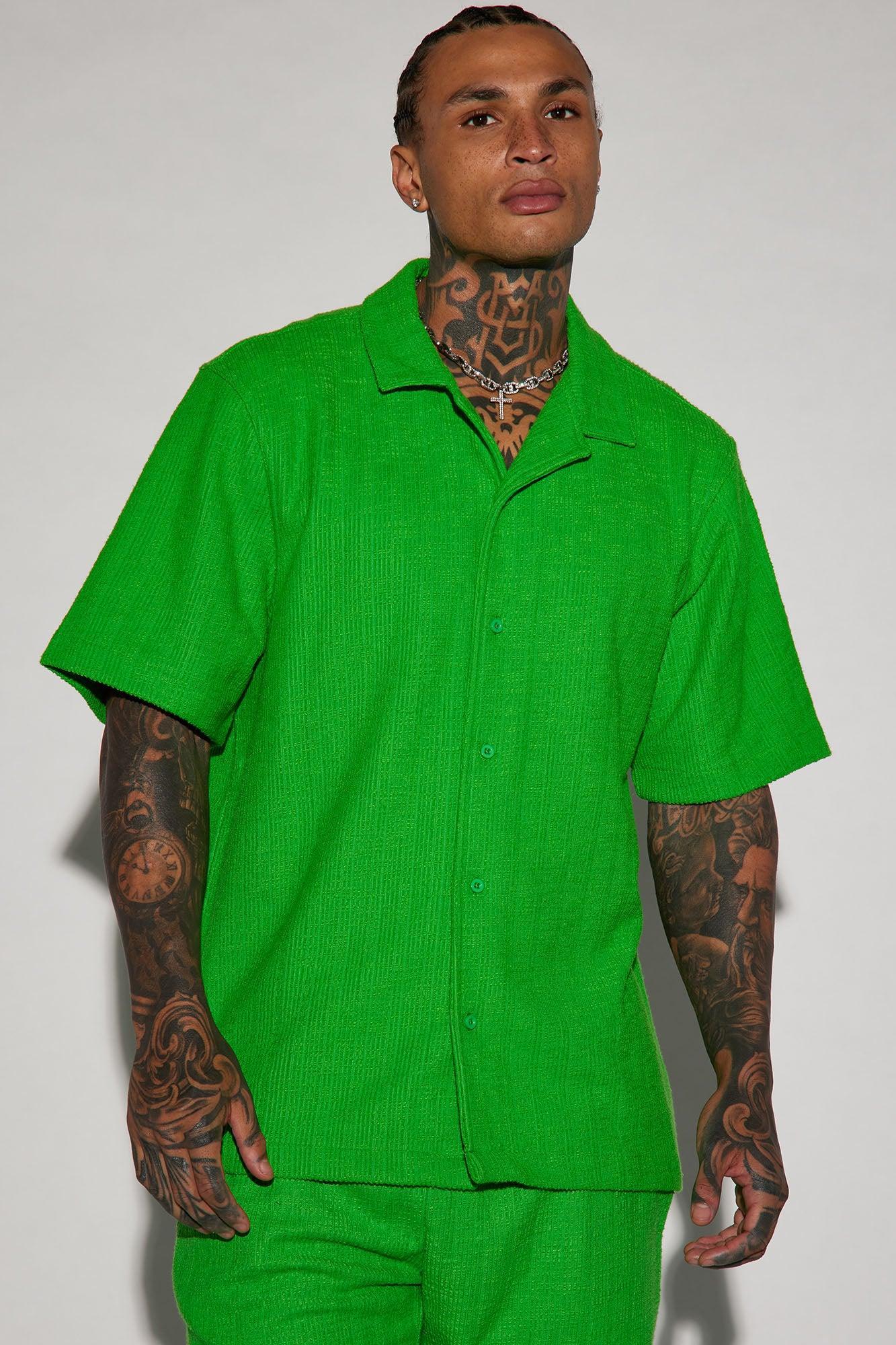 Dean Textured Short Sleeve Button Up Shirt - Green Product Image