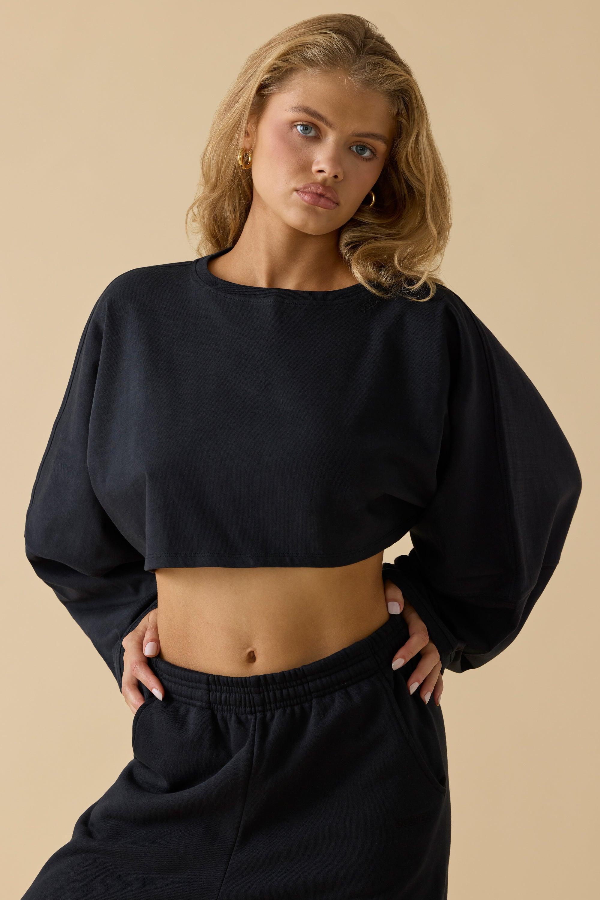 Oversized Long Sleeve Crop Top in Black Product Image