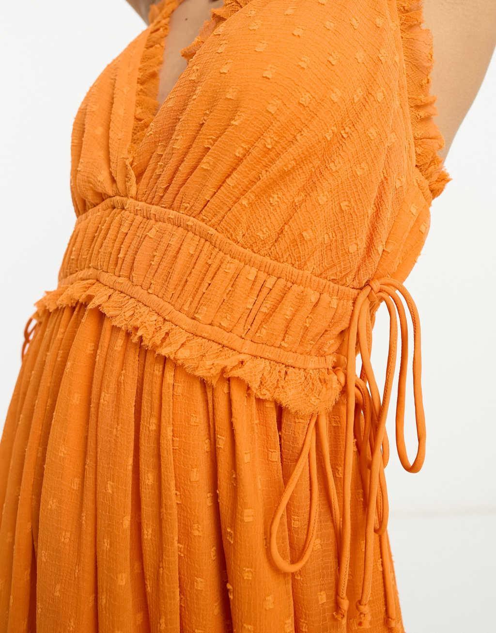 ASOS DESIGN elasticized ruffle waist midi slip dress in orange texture  Product Image