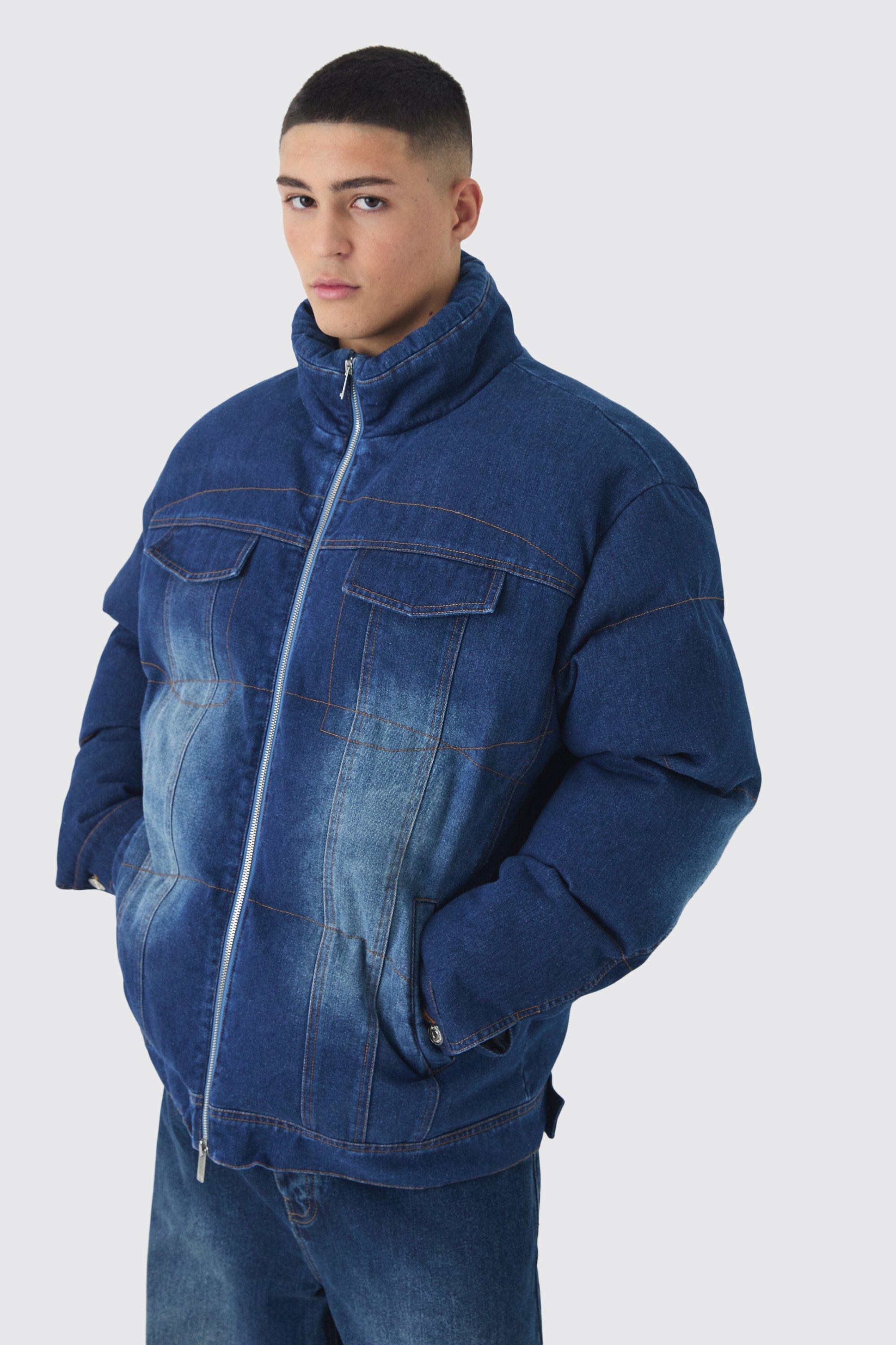 Boxy Oversized Funnel Neck Denim Puffer Jacket | boohooMAN USA Product Image