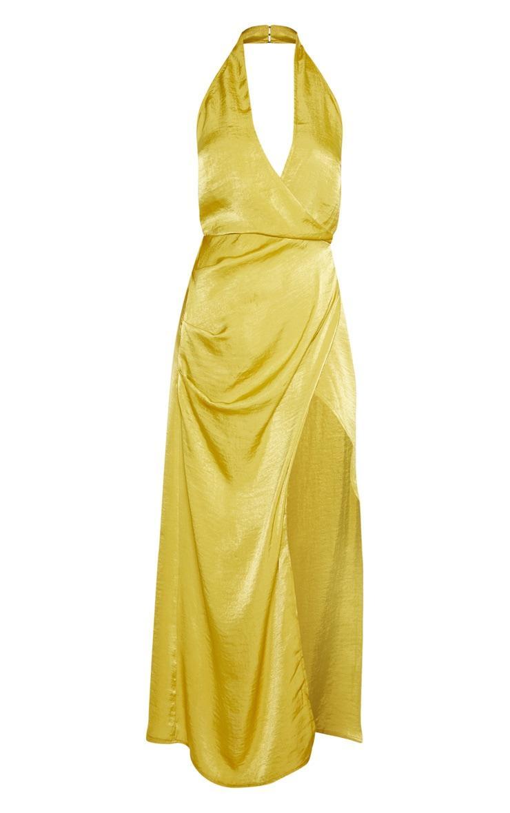 Light Lime Hammered Satin Halterneck Maxi Dress Product Image