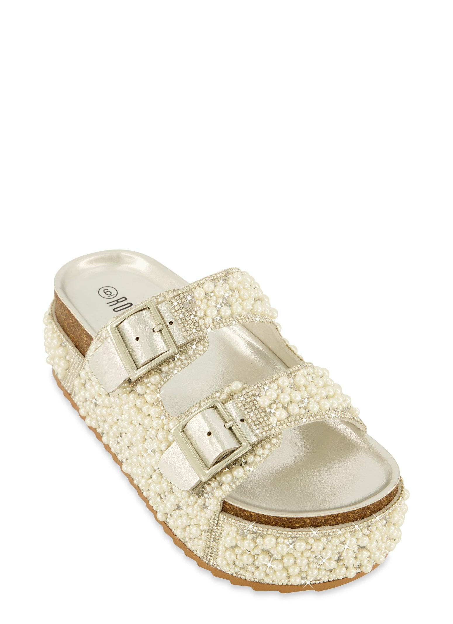 Womens Rhinestone Faux Pearl Platform Footbed Sandals Product Image