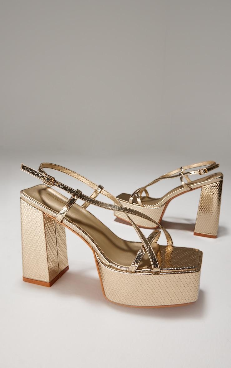 Gold Croc PU Square Toe Cross Strap Platform Heeled Sandals Product Image