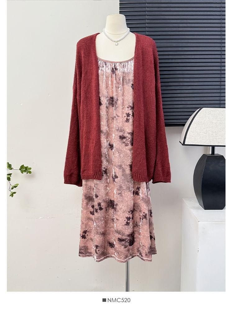 Velvet Tie-Dyed Loose Midi Dress / Open-Front Cardigan Product Image