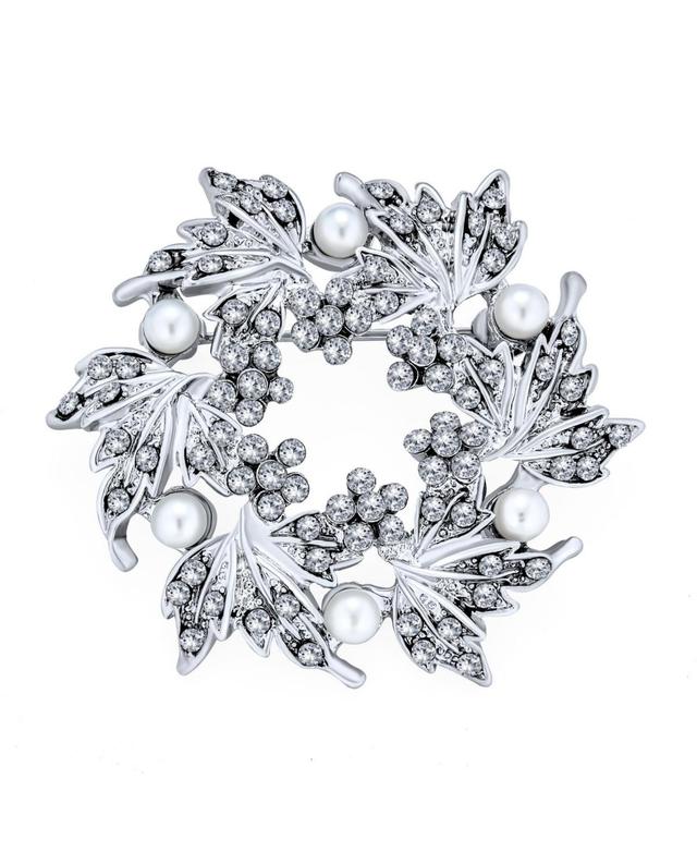 Bling Jewelry Elegant Holiday Party Crystal Round White Simulated Pearl Wreath Circle Scarf Brooch Pin For Women Product Image