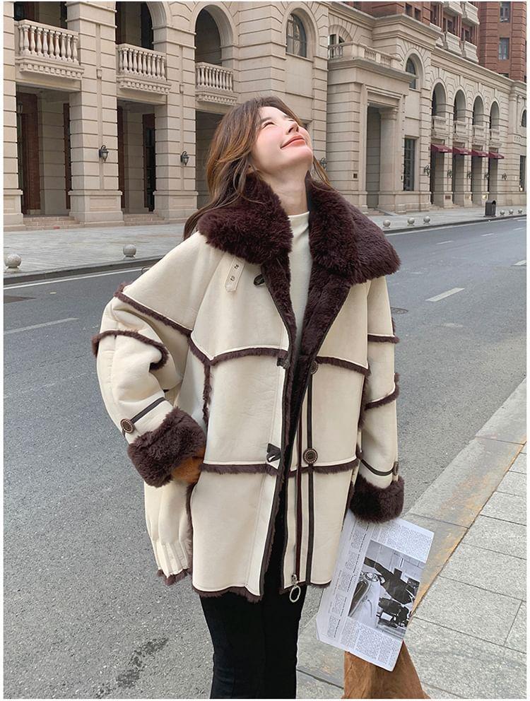 Collared Panel Faux Shearling Button Jacket Product Image