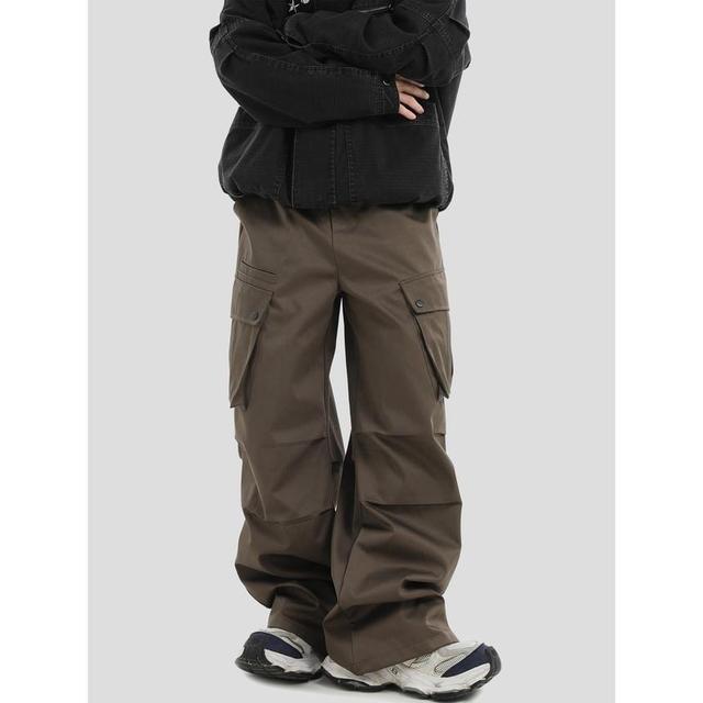 High Waist Plain Wide Leg Cargo Pants Product Image