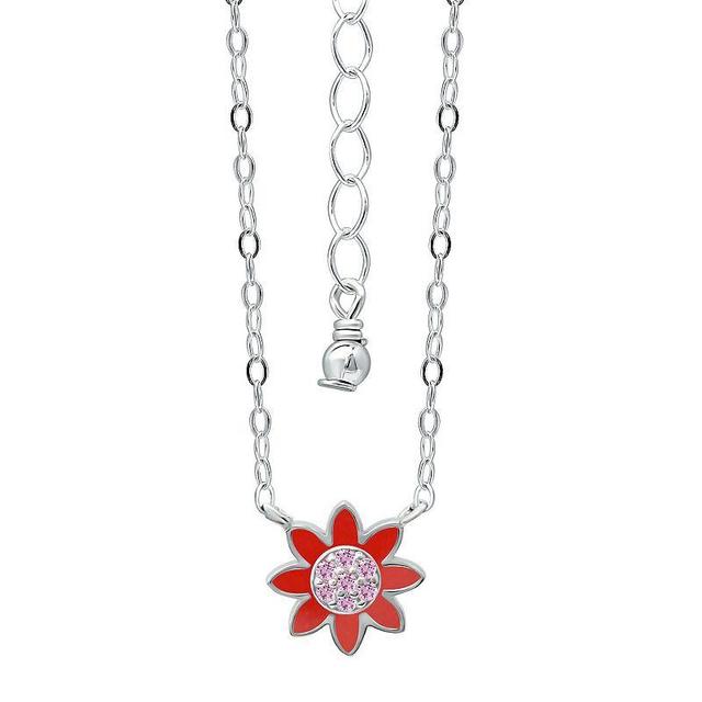 Aleure Precioso Sterling Silver Enamel & Cubic Zirconia Flower Necklace, Womens Red Product Image