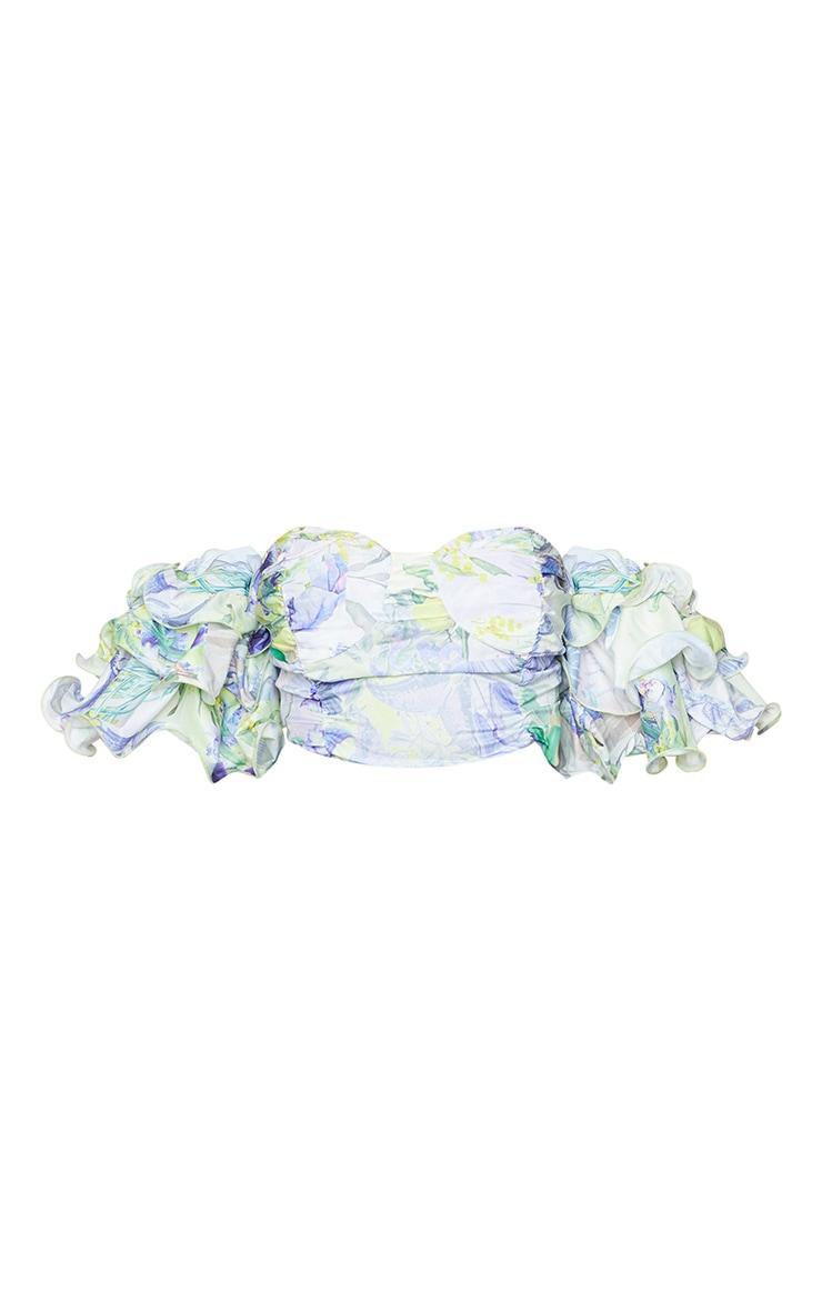 Plus White Floral Ruffle Puff Sleeve Bardot Crop Top Product Image