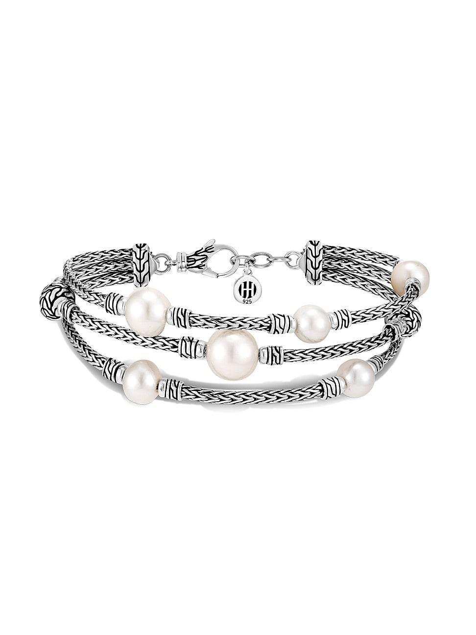 Womens Classic Chain Silver & 7-10MM Pearl Triple Row Bracelet Product Image