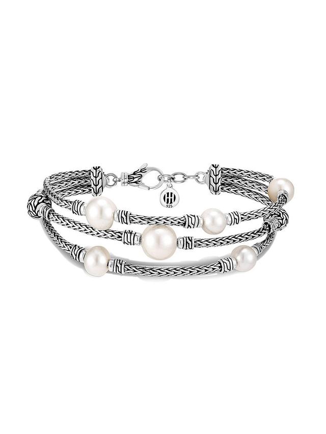 Womens Classic Chain Silver & 7-10MM Pearl Triple Row Bracelet Product Image