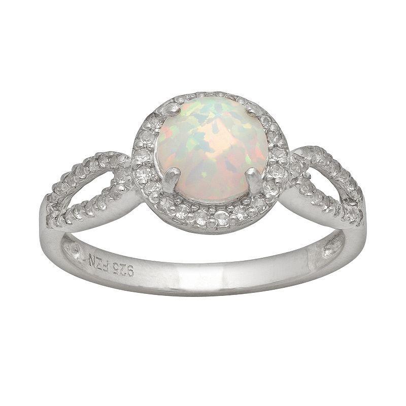 Sterling Silver Lab-Created Opal and Lab-Created White Sapphire Halo Ring, Womens, Size: 7, Multicolor Product Image