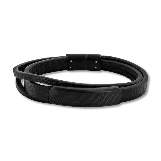 Men's Textured I.d. Layered Wrap Faux Leather Bracelet with Black Ion-Plated Stainless Steel - 8.5" Product Image