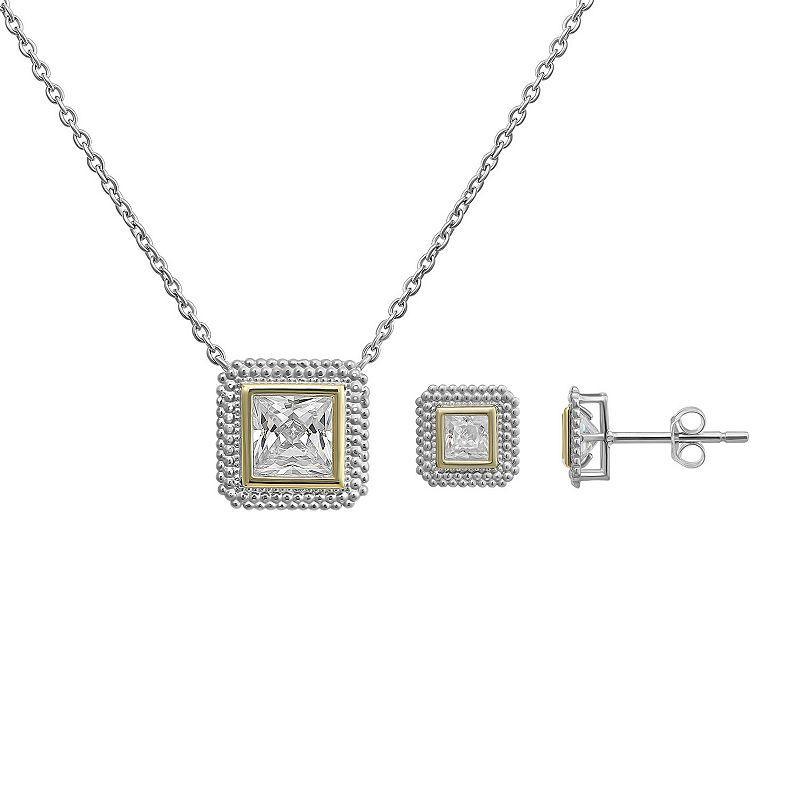 Taylor Grace 10k Gold & Sterling Silver Two Tone Cubic Zirconia Square Halo Necklace & Stud Earrings Set, Womens Product Image