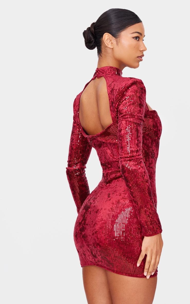 Cherry Red Sequin Underwire Detail Long Sleeve Bodycon Dress Product Image