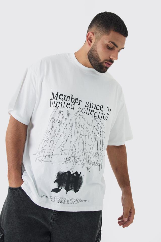 Mens White Plus Oversized Extended Neck Limited Print T-shirt, White Product Image