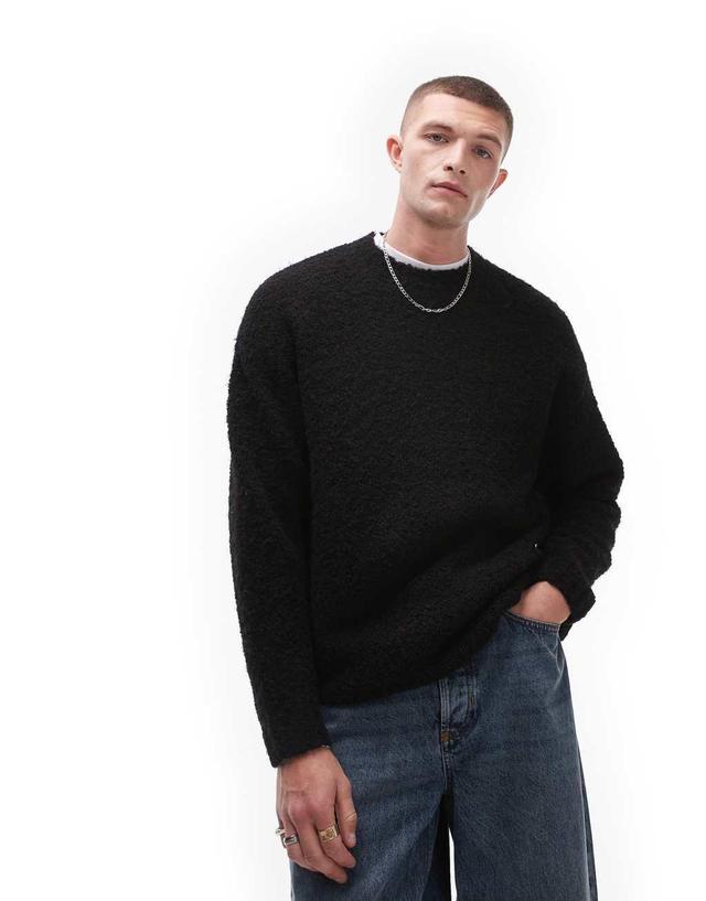 Topman relaxed fit boucle sweater in black Product Image