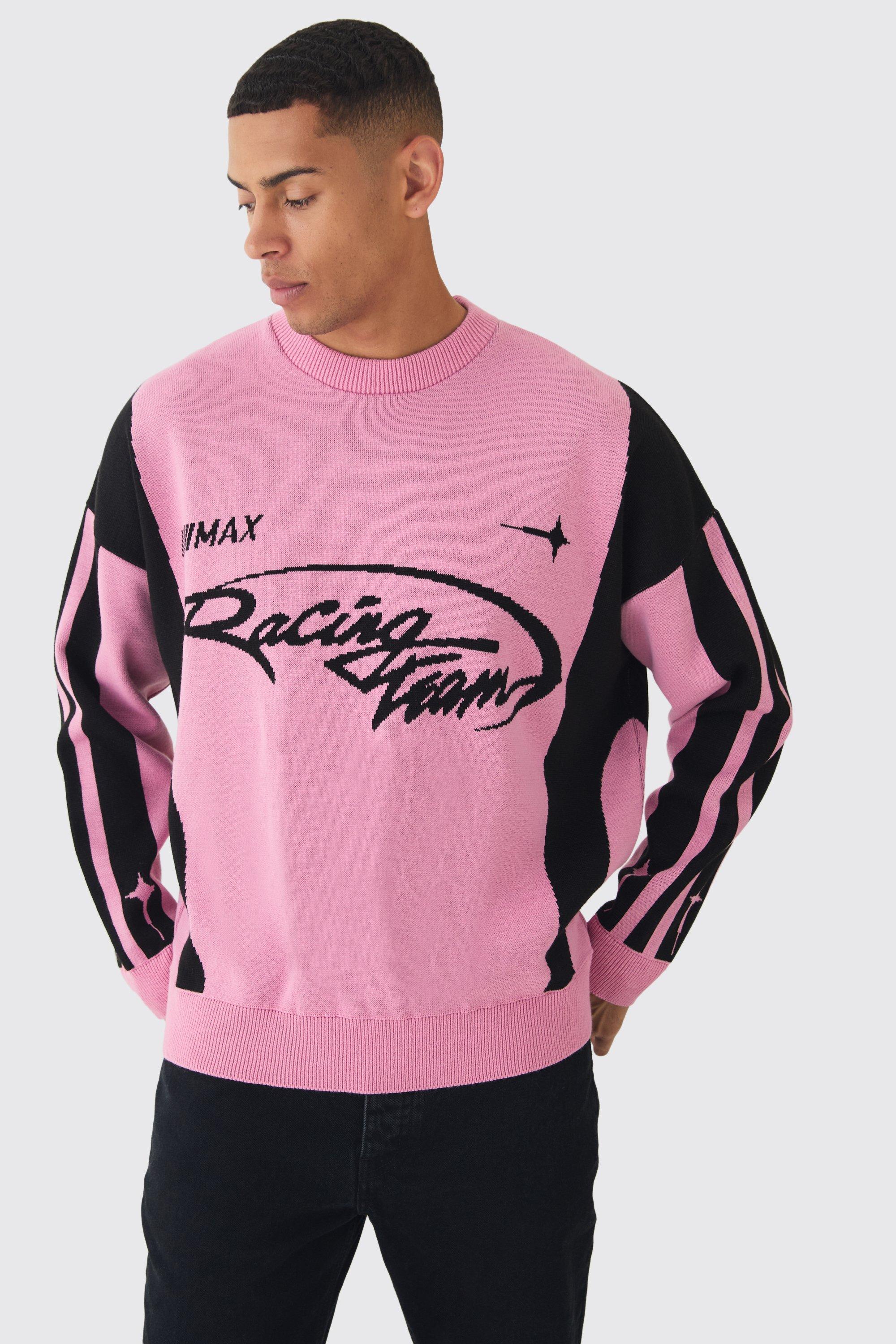 Oversized Boxy Moto Sweater in Pink | boohooMAN USA Product Image