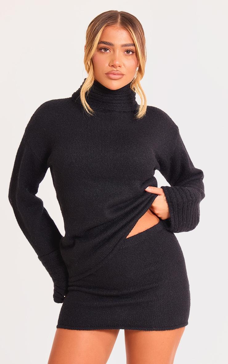 Black Textured Knit Roll Neck Oversized Jumper product image