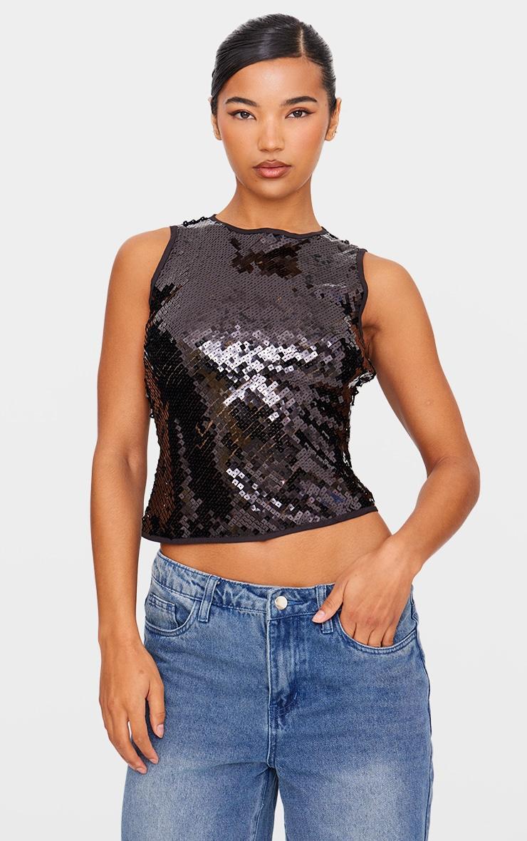 Black Sequin Sleeveless Long Top Product Image