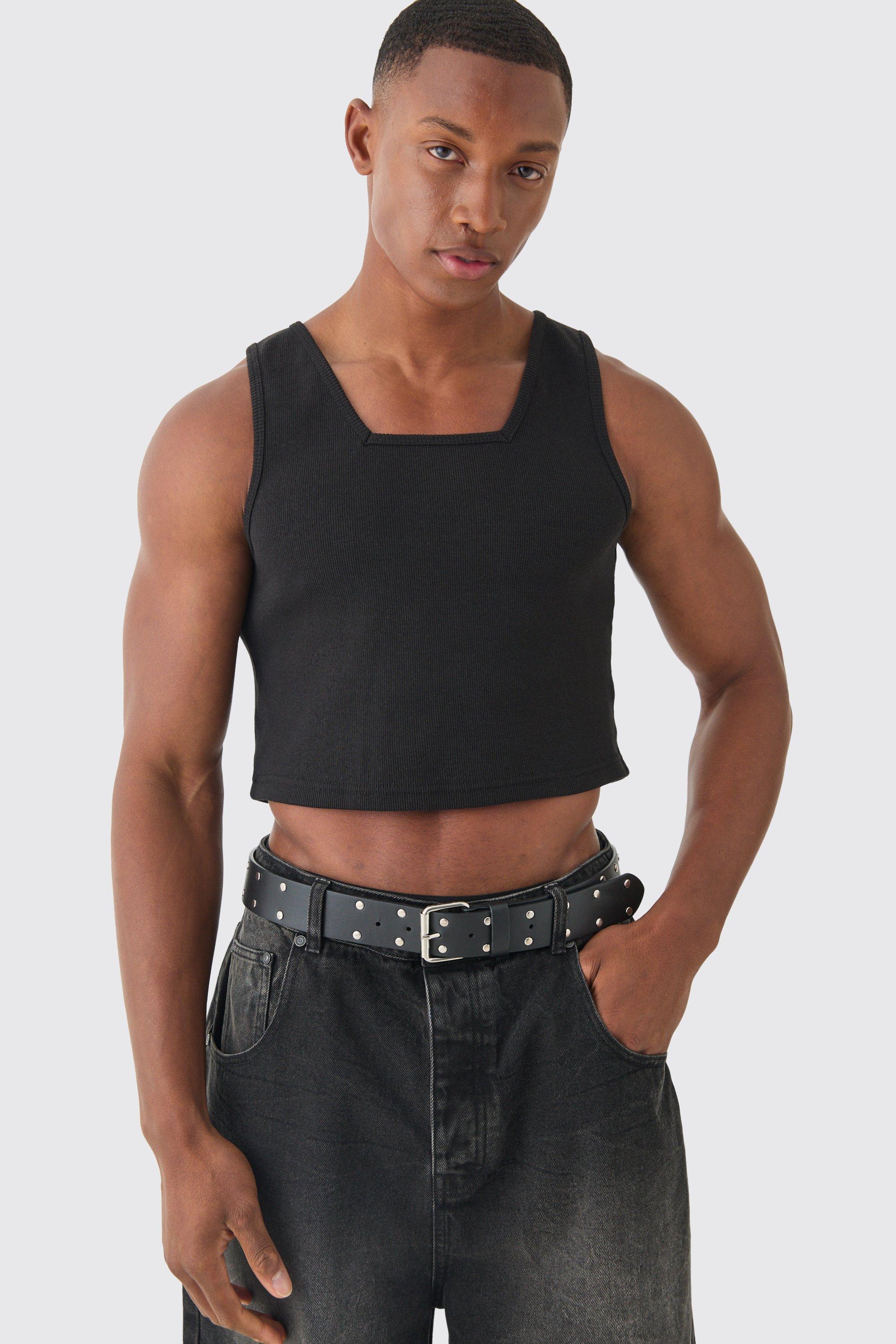 Slim Cropped Square Neck Interlock Vest | boohooMAN USA Product Image