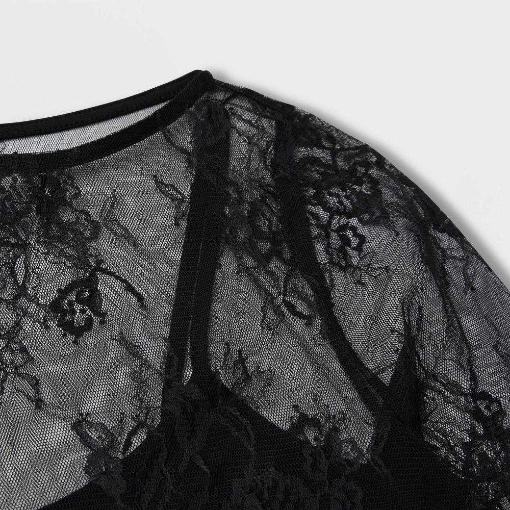 Womens Slim Fit Long Sleeve Lace Top - A New Day Black Floral Product Image