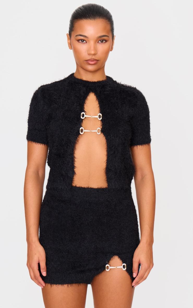 Black Fluffy Knit Embellished Top Product Image