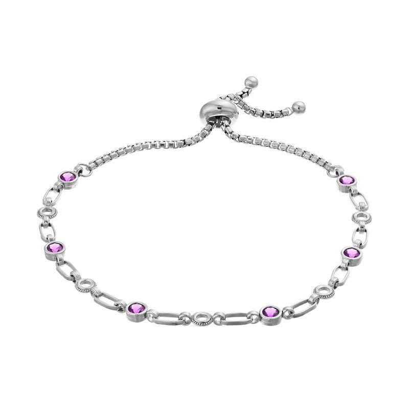 Kristen Kesho Sterling Silver Lab-Created Amethyst & Circle Link Adjustable Bolo Bracelet, Womens Grey Product Image