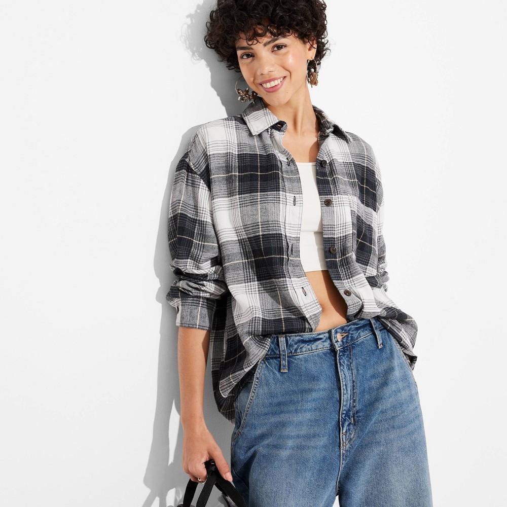 Womens Long Sleeve Oversized Flannel Button-Down Shirt - Wild Fable Black Plaid M Product Image