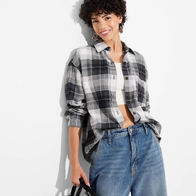 Womens Long Sleeve Oversized Flannel Button-Down Shirt - Wild Fable Black Plaid L Product Image