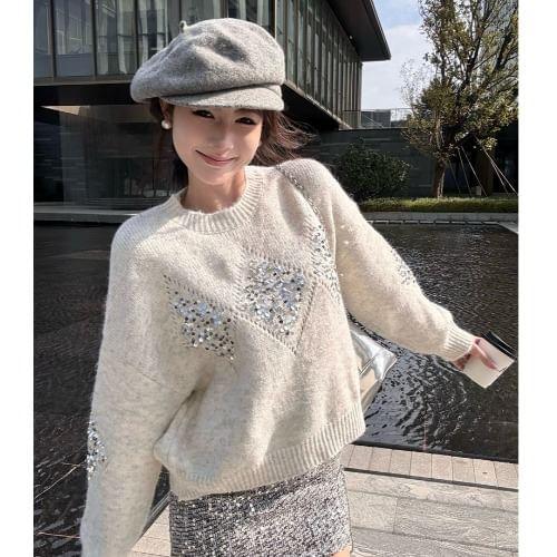 Crew Neck Plain Sequin Sweater / High Rise Plain Mini Pencil Skirt Product Image