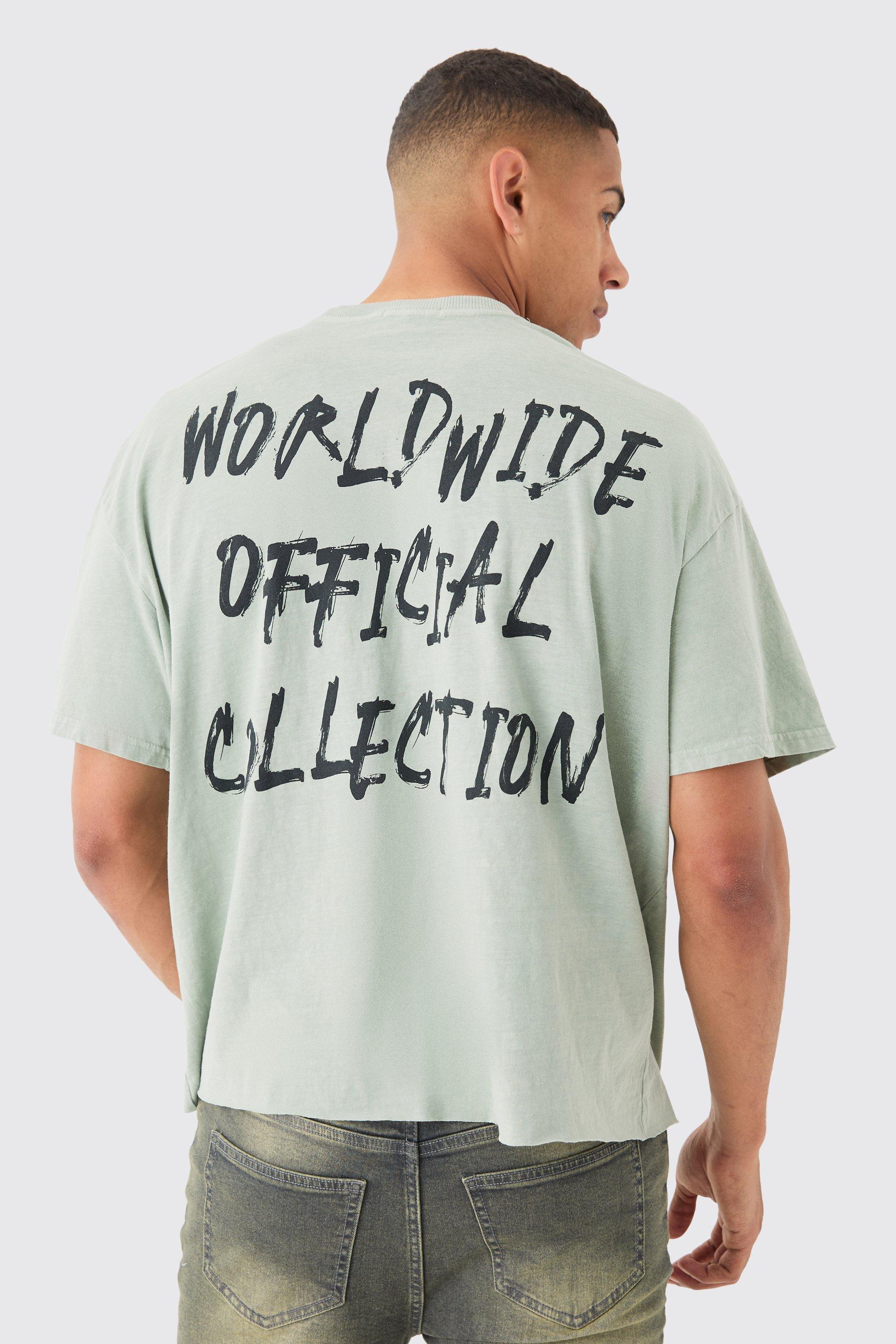 Mens Green Boxy Back Print Worldwide Washed T-shirt, Green Product Image