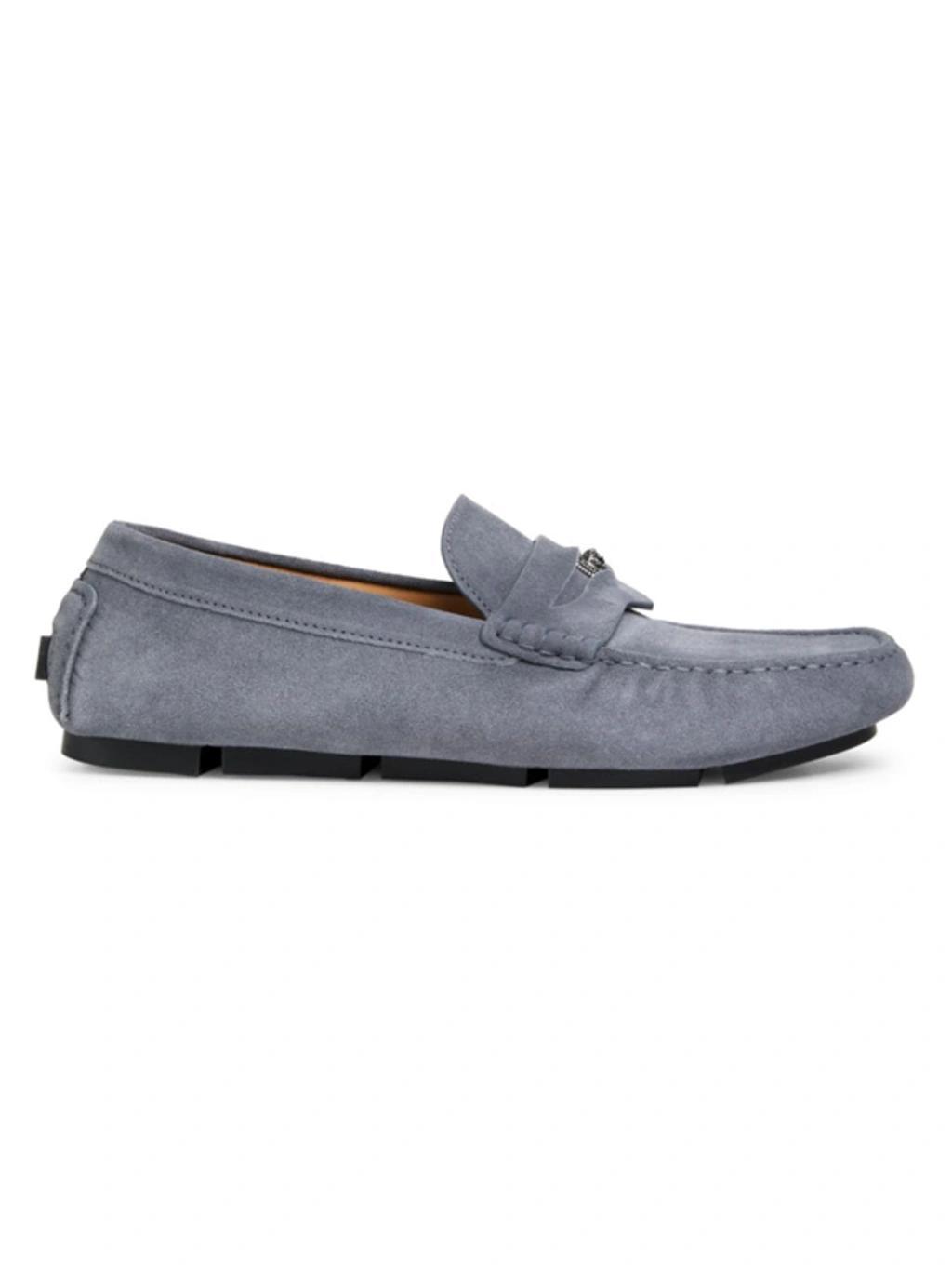 VERSACE Men's Medusa Leather Driver Loafers In Silver Product Image