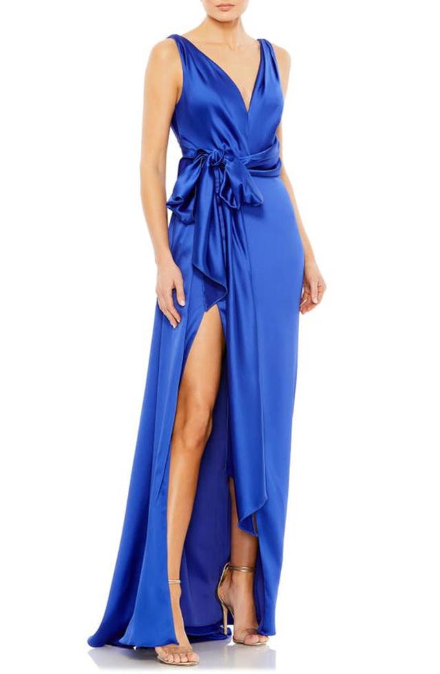 Satin Draped V-neck Gown In Royal Product Image