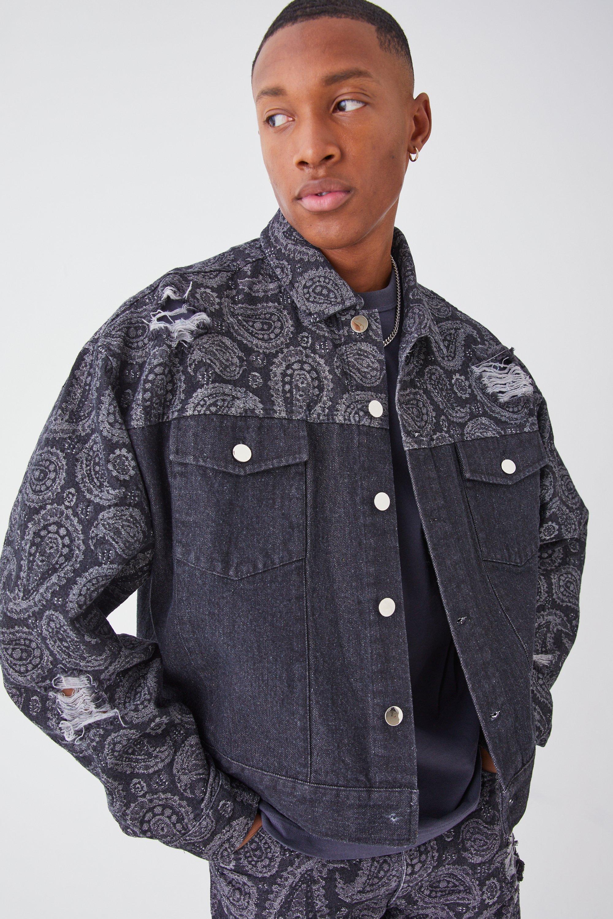 Boxy Fit Paisley Spliced Denim Jacket | boohooMAN USA Product Image