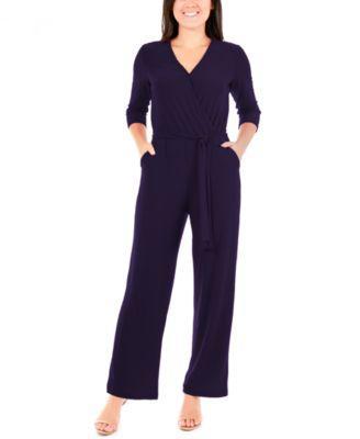 Petite 3/4 Sleeve Belted Wide Leg Jumpsuit Product Image