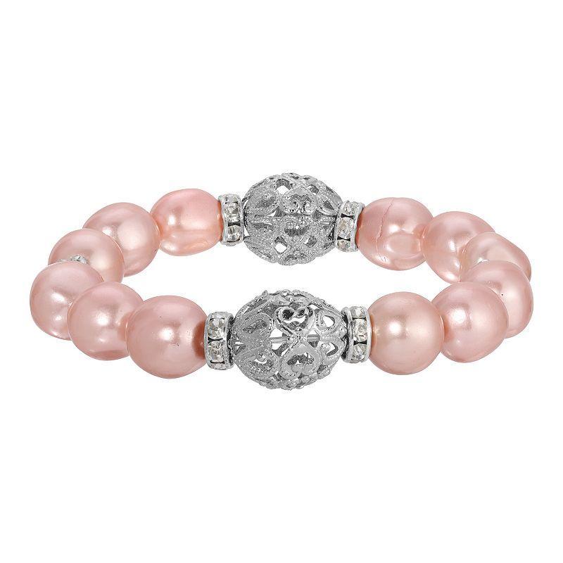 1928 Silver Tone Crystal & Raspberry Simulated Pearl Filigree Bead Stretch Bracelet, Womens, Beige Product Image