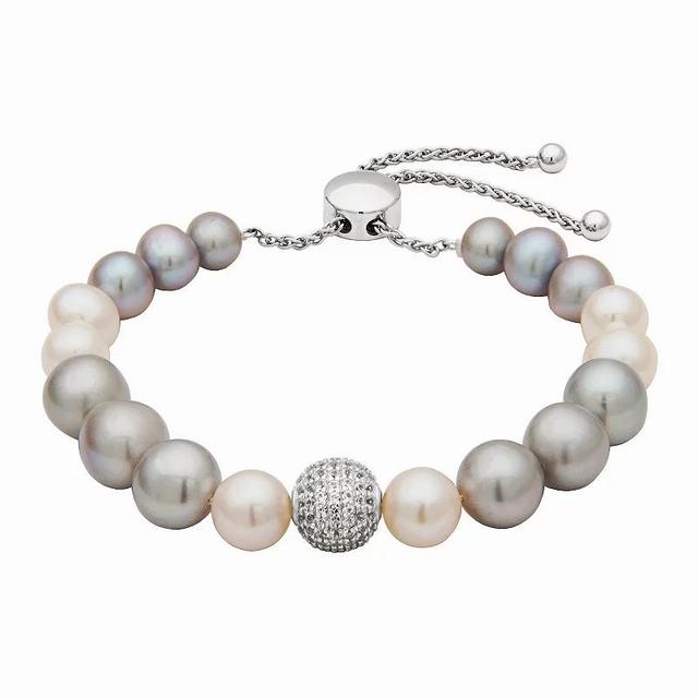 Rhodium Plated Sterling Silver Genuine Cultured Freshwater Grey & White Pearl Adjustable Bracelet, Womens Product Image