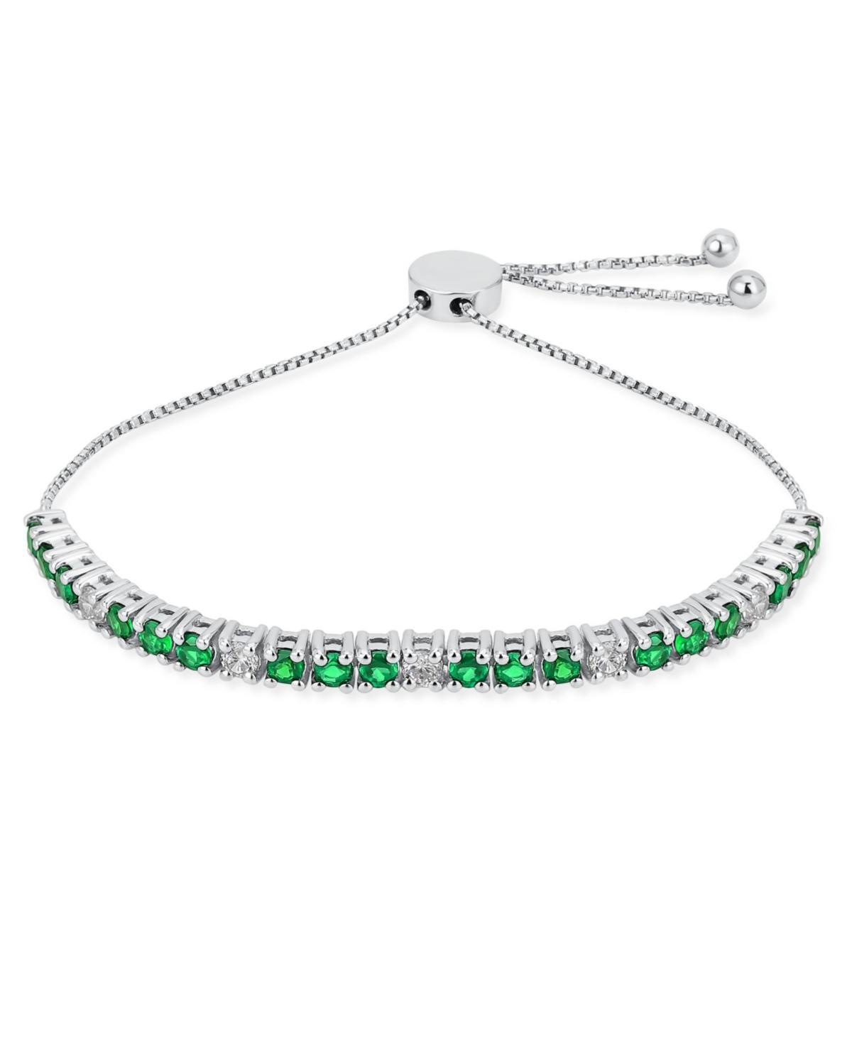 Bling Jewelry s 2.2 Ctw White Zircon Alternating Created Synthetic Emerald Bolo Tennis Bracelet For Women Adjustable 7-8 Inch Sterling Silver - Product Image