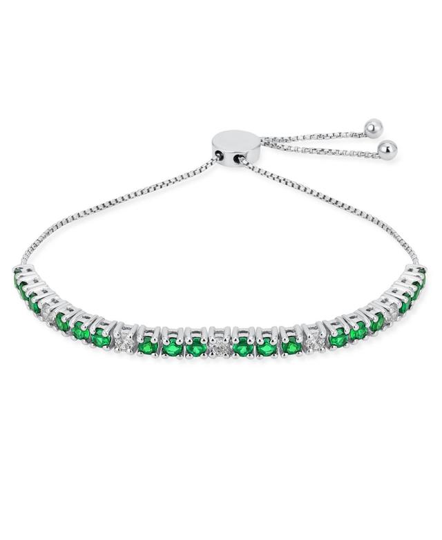 Gemstones 2.2 Ctw White Zircon Alternating Created Green Emerald Bolo Tennis Bracelet for Women Adjustable 7-8 Inch .925 Sterling Silver Product Image