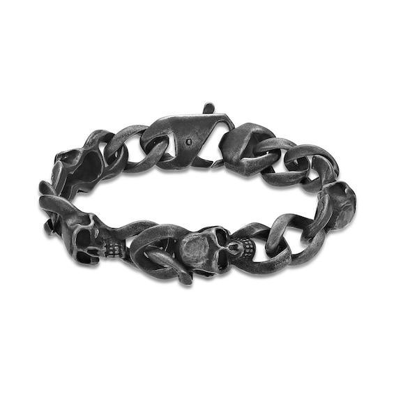 Men's 12.0mm Black Skull Antique-Finish Link Bracelet in Stainless Steel - 8.5" Product Image