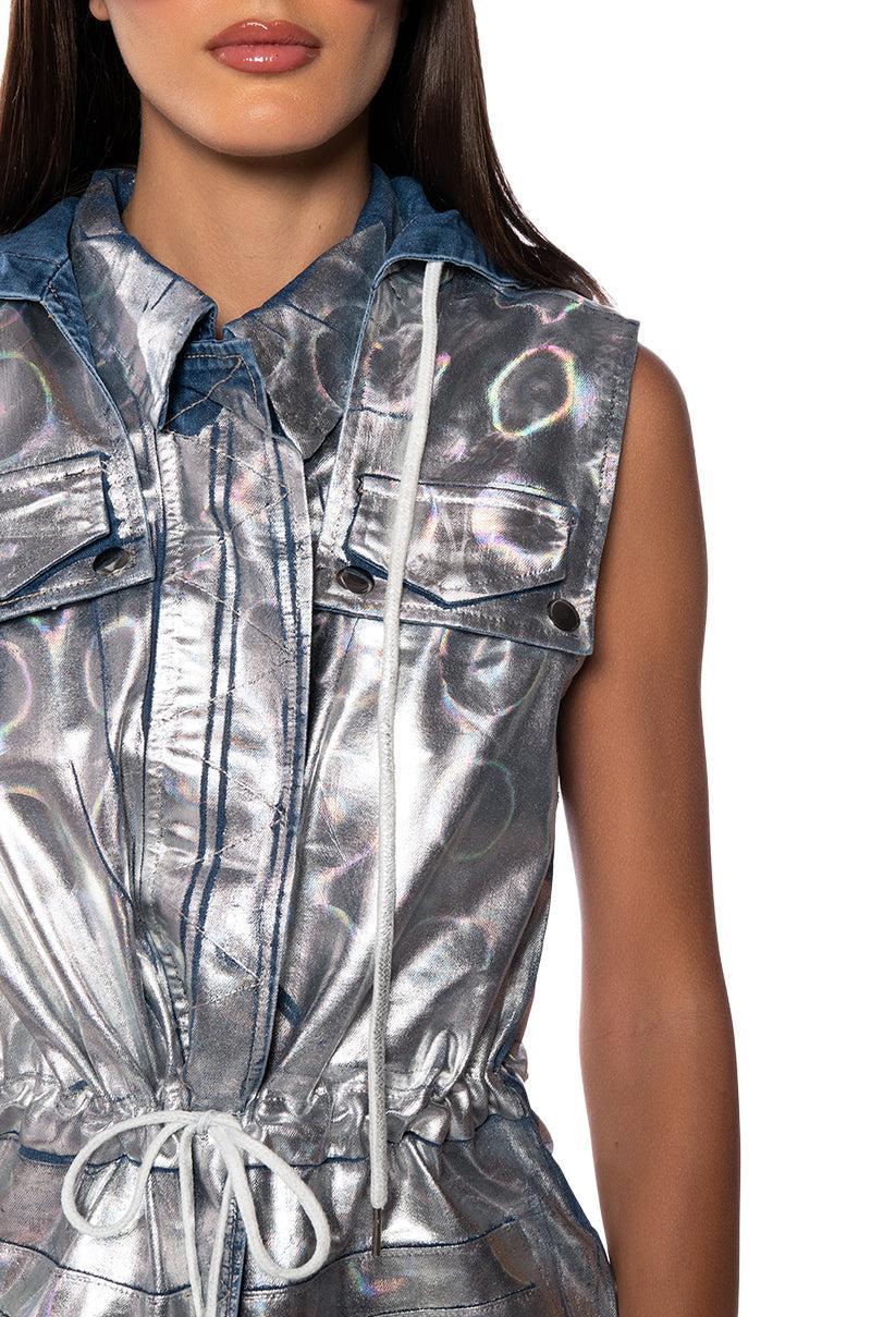 QUASAR FOIL EFFECT DENIM HOODIE MINI DRESS Product Image