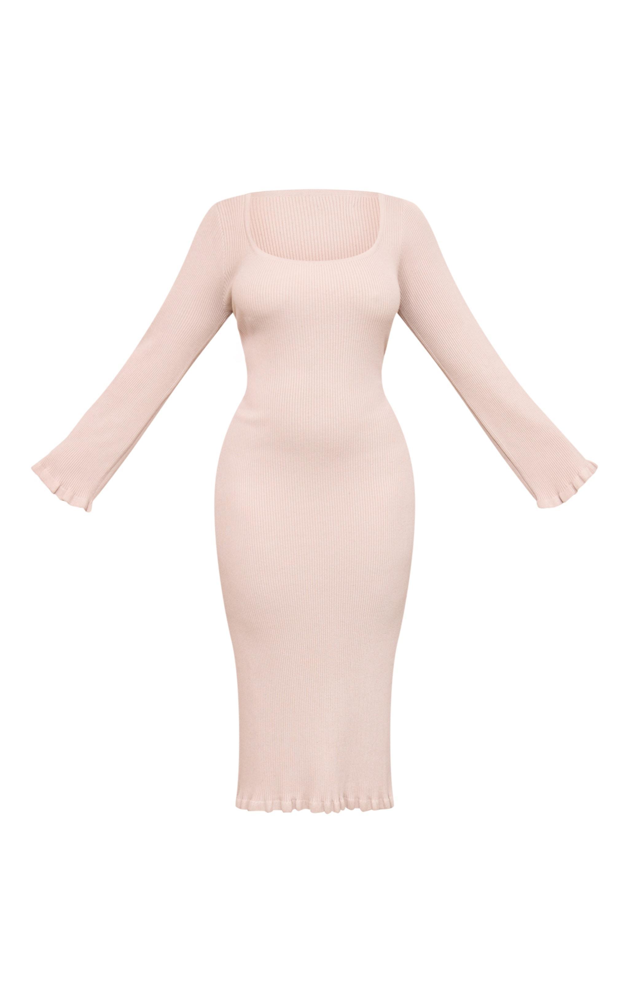 Plus Beige Rib Knit Piquet Hem Midi Dress Product Image