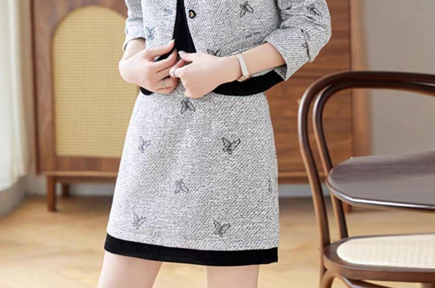 Set: Round Neck Butterfly Buttoned Jacket + High Waist Mini A-Line Skirt Product Image