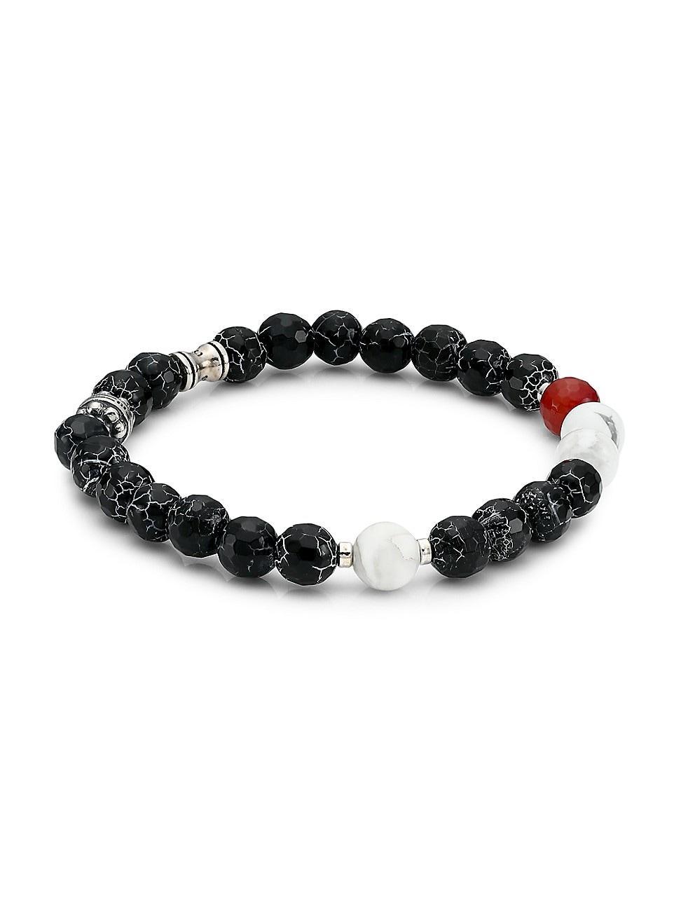 Mens Hudson Bolt Crackled Sterling Silver & Black Agate Bead Bracelet Product Image