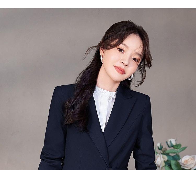 Peak Lapel Plain Single-Breasted Blazer / Long-Sleeve Bow Shirt / High Waist Pencil Skirt / Straight Leg Slacks Product Image