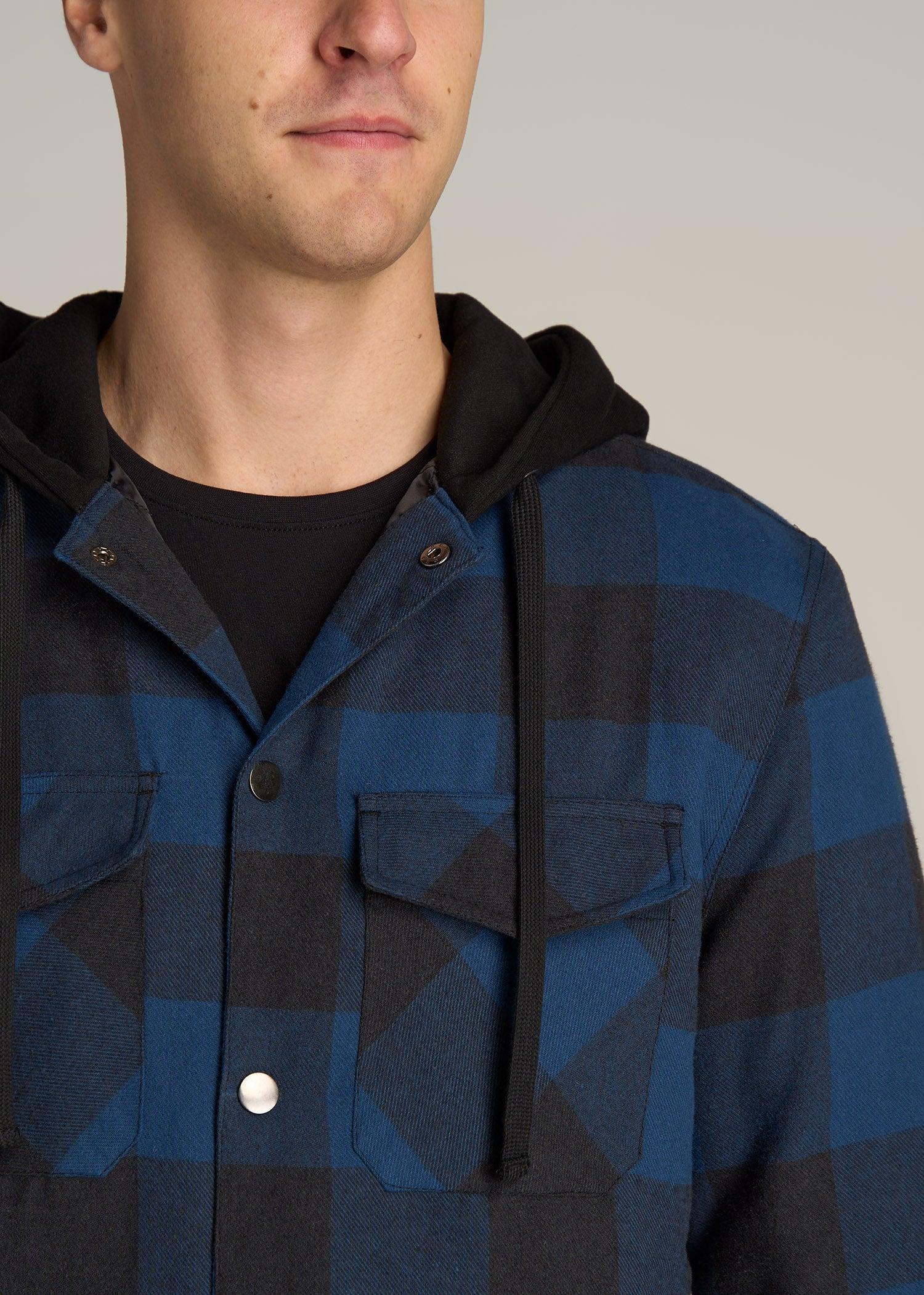 Hooded Flannel Shirt Jacket for Tall Men in Black and Blue Check Product Image